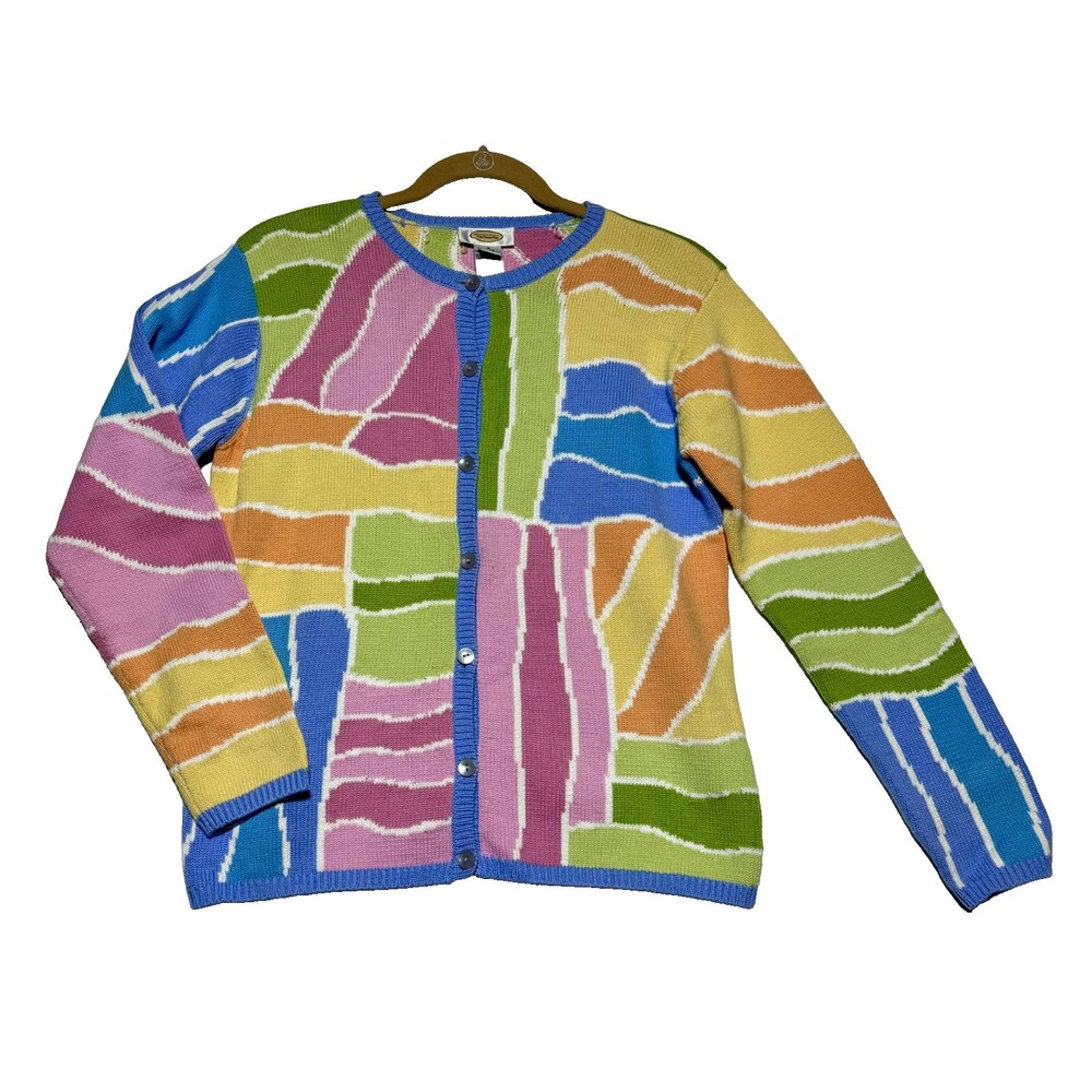 Vintage 90s Y2K TALBOTS Size S Yellow Pink Blue Colorblock Cardigan Sweater